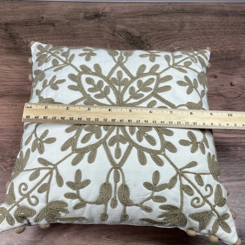 Pottery Barn Throw Pillow 12 x 12 White Tan Crewel Embroidered Pom-Pom Trim